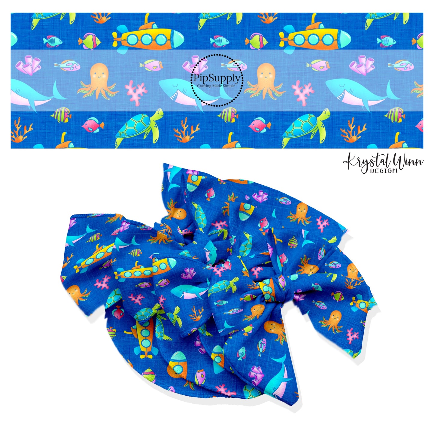 These summer ocean themed no sew bow strips can be easily tied and attached to a clip for a finished hair bow. These summer patterned bow strips are great for personal use or to sell. These bow strips feature submarines and multi colored fish and ocean animals.