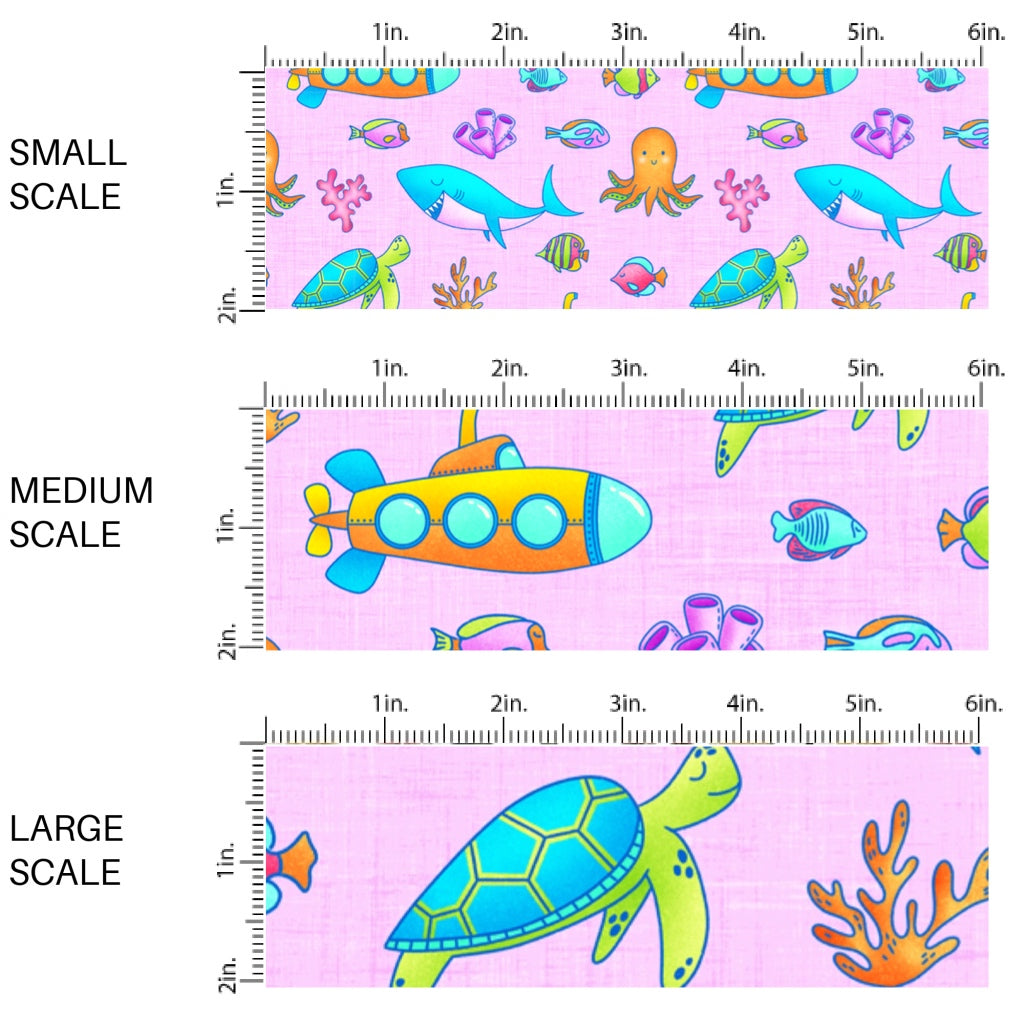 This scale chart of small scale, medium scale, and large scale of this summer fabric by the yard features submarines and multi colored fish and ocean animals on lilac. This fun summer themed fabric can be used for all your sewing and crafting needs!