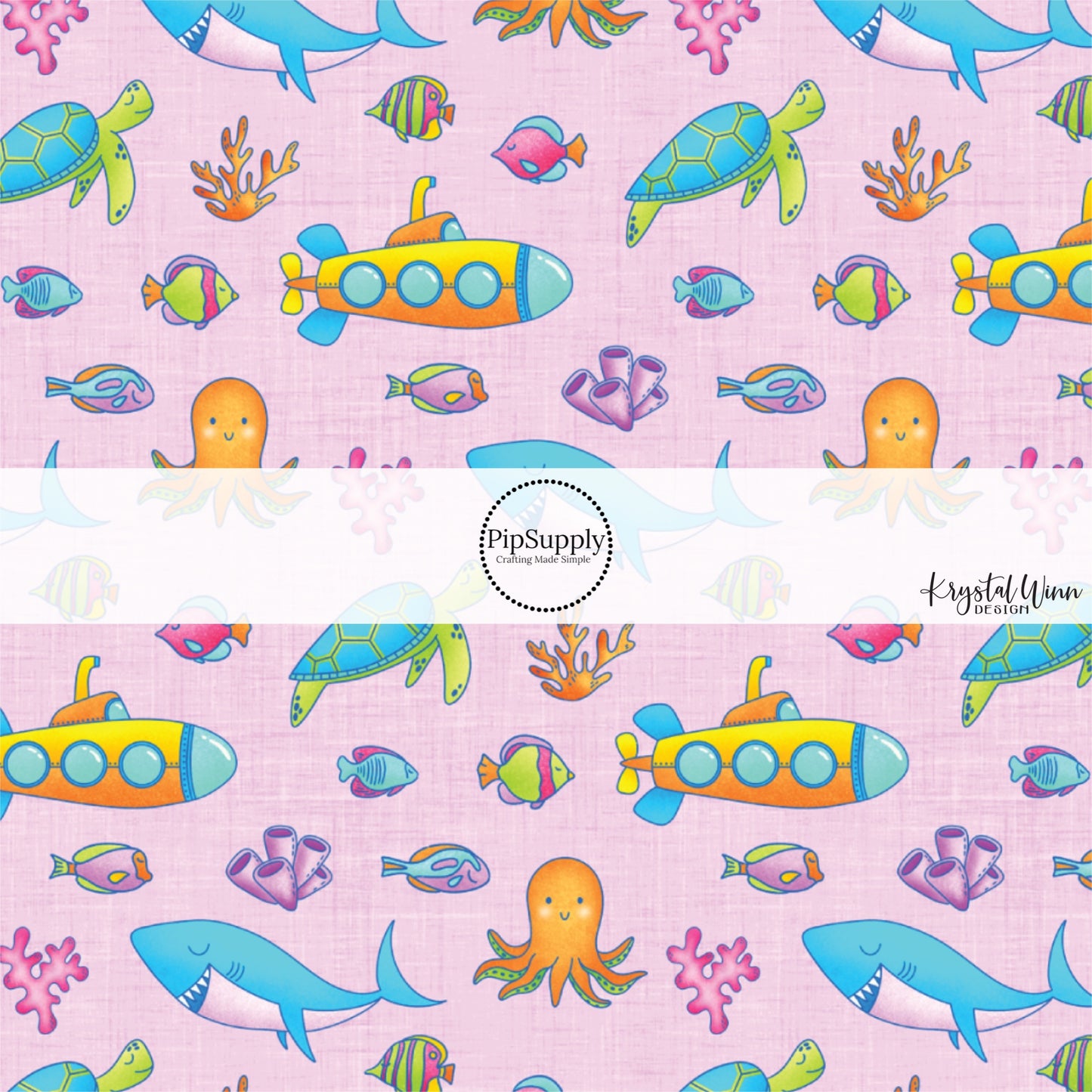 This summer fabric by the yard features submarines and multi colored fish and ocean animals on lilac. This fun summer themed fabric can be used for all your sewing and crafting needs!