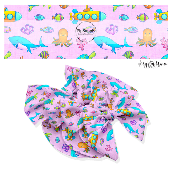 Tropical Fish Pattern Hair Bow StripsThese summer ocean themed no sew bow strips can be easily tied and attached to a clip for a finished hair bow. These summer patterned bow strips are great for personal use or to sell. These bow strips feature submarines and multi colored fish and ocean animals.