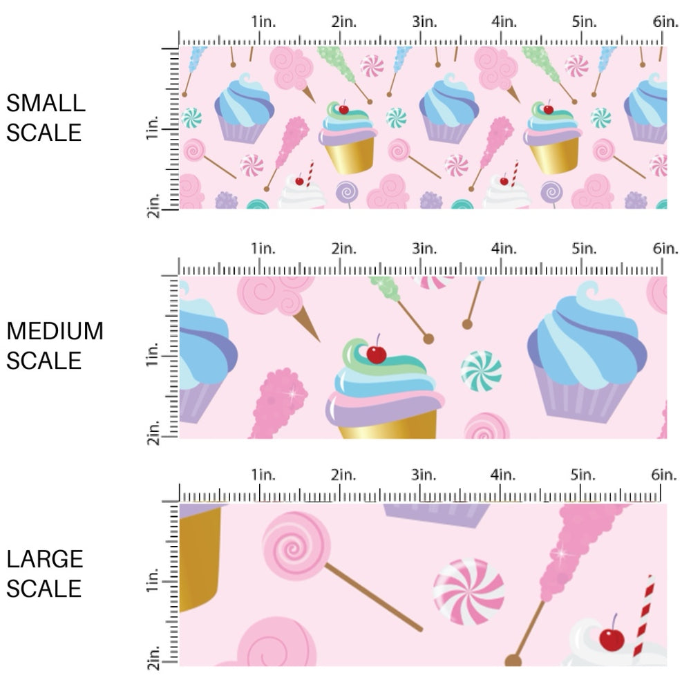 This scale chart of small scale, medium scale, and large scale of this celebration fabric by the yard features cupcakes, cotton candy, and sweets on light pink. This fun themed fabric can be used for all your sewing and crafting needs!