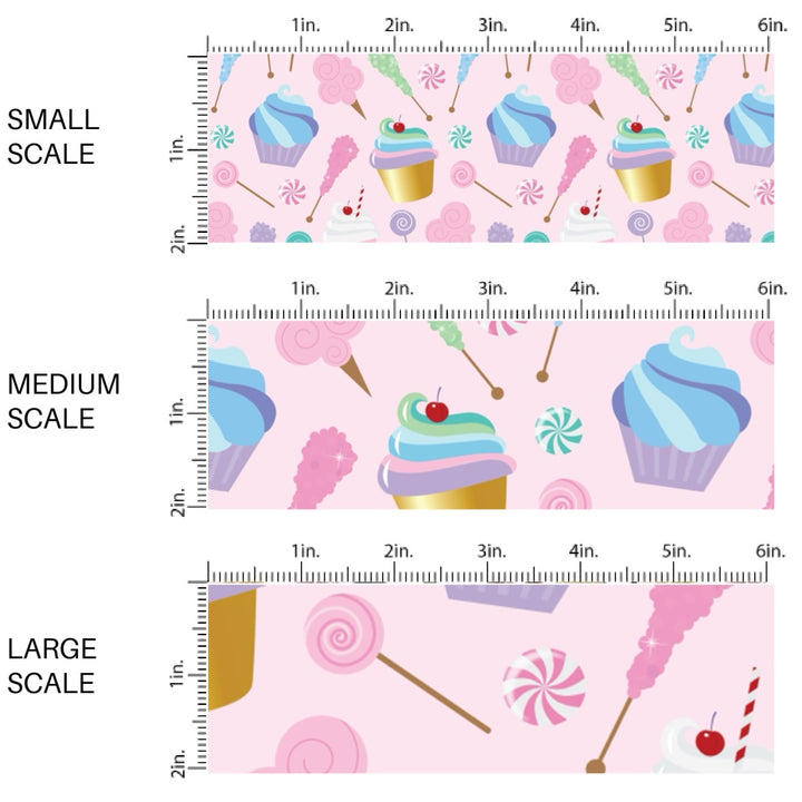 This scale chart of small scale, medium scale, and large scale of this celebration fabric by the yard features cupcakes, cotton candy, and sweets on light pink. This fun themed fabric can be used for all your sewing and crafting needs!