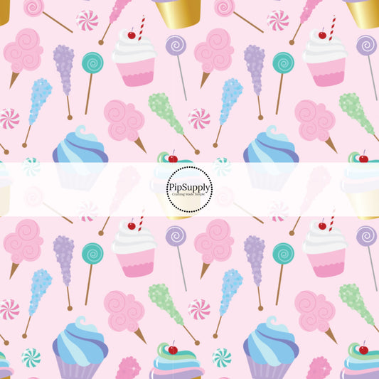 This celebration fabric by the yard features cupcakes, cotton candy, and sweets on light pink. This fun themed fabric can be used for all your sewing and crafting needs!