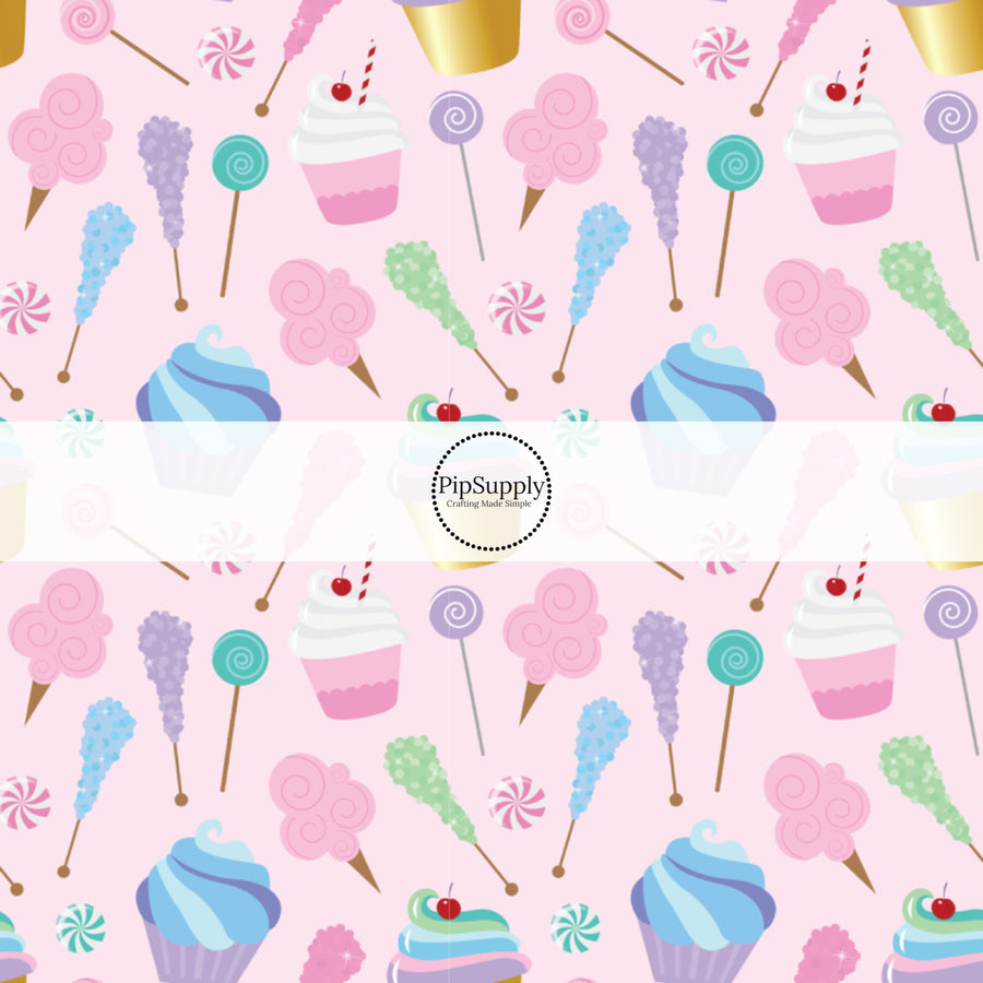 This celebration fabric by the yard features cupcakes, cotton candy, and sweets on light pink. This fun themed fabric can be used for all your sewing and crafting needs!