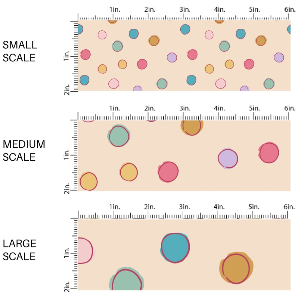 This scale chart of small scale, medium scale, and large scale of this summer fabric by the yard features colorful summer haze dots on cream. This fun summer themed fabric can be used for all your sewing and crafting needs!