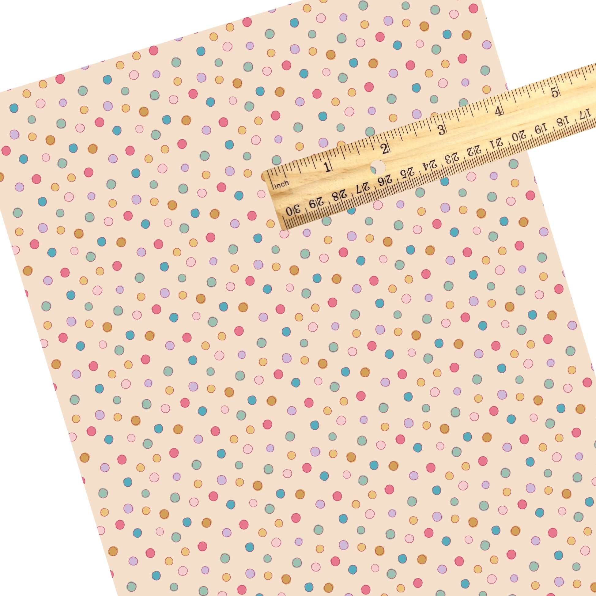 These summer faux leather sheets contain the following design elements: colorful summer haze dots on cream. Our CPSIA compliant faux leather sheets or rolls can be used for all types of crafting projects.