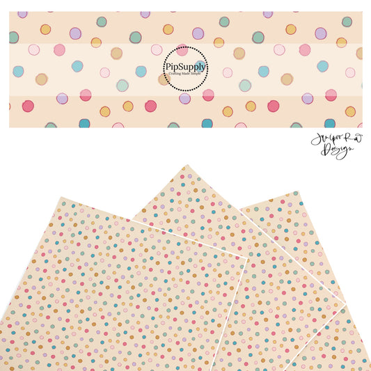 These summer faux leather sheets contain the following design elements: colorful summer haze dots on cream. Our CPSIA compliant faux leather sheets or rolls can be used for all types of crafting projects.