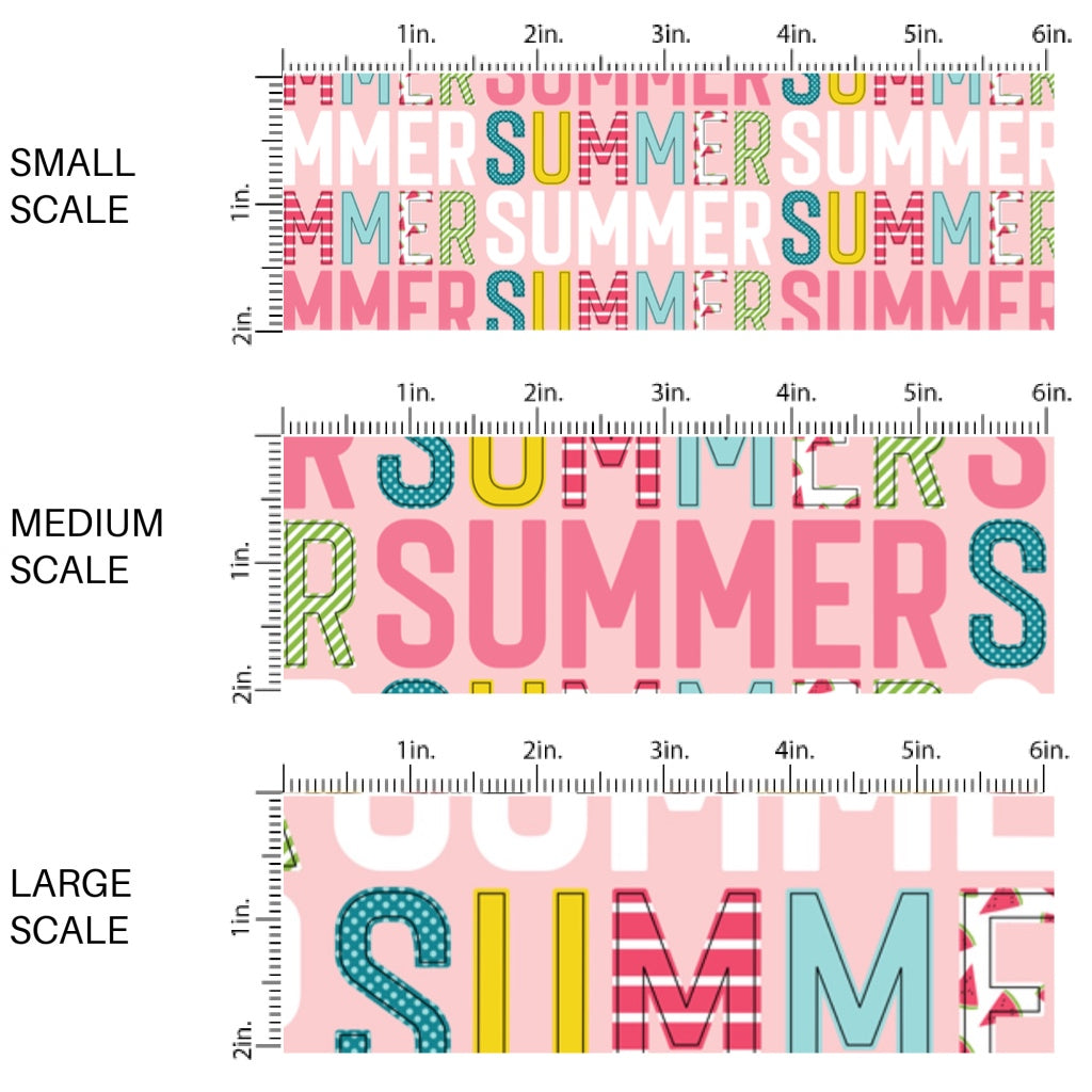 This scale chart of small scale, medium scale, and large scale of this summer fabric by the yard features "SUMMER" letters on pink. This fun themed fabric can be used for all your sewing and crafting needs