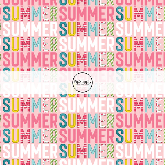 This summer fabric by the yard features "SUMMER" letters on pink. This fun themed fabric can be used for all your sewing and crafting needs!