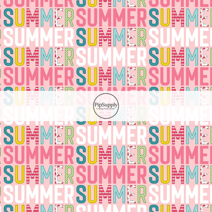 This summer fabric by the yard features "SUMMER" letters on pink. This fun themed fabric can be used for all your sewing and crafting needs!