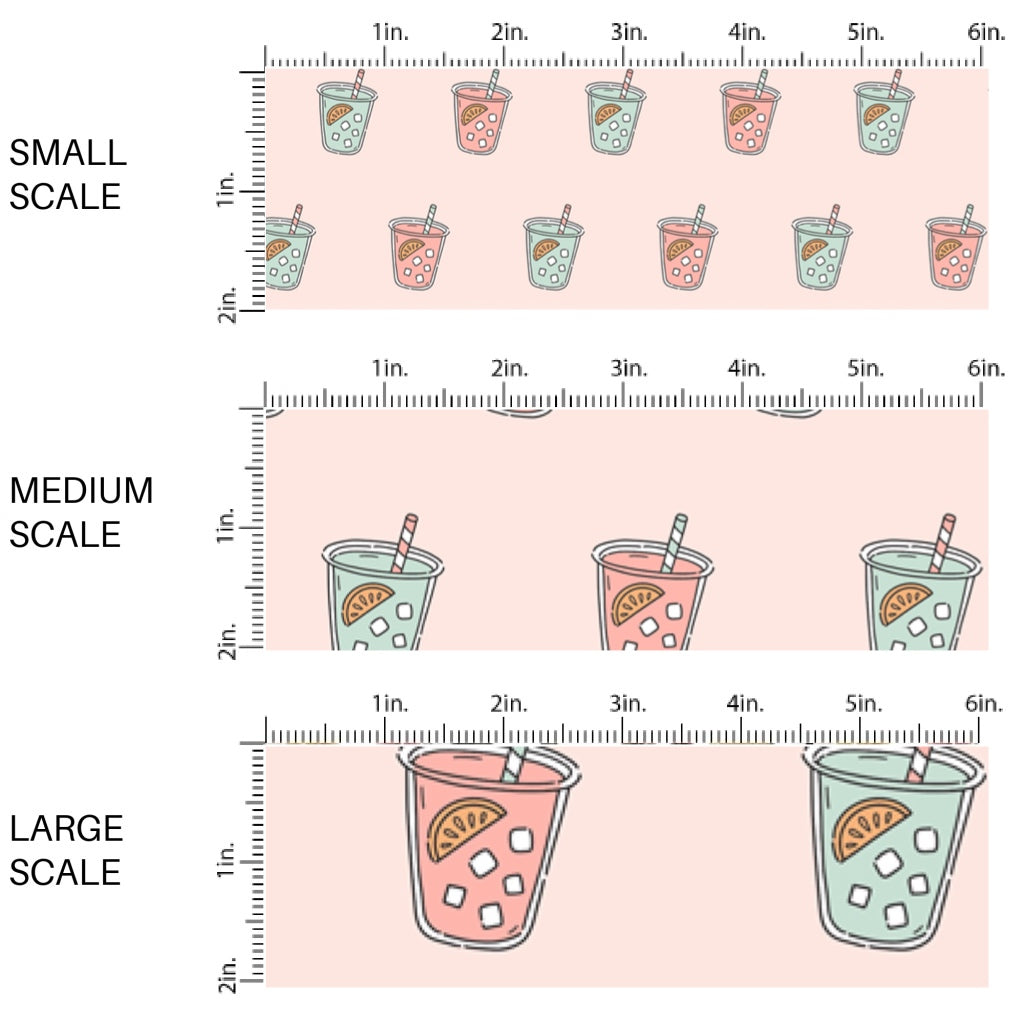 This scale chart of small scale, medium scale, and large scale of this summer fabric by the yard features summer iced drinks on pink. This fun summer themed fabric can be used for all your sewing and crafting needs.