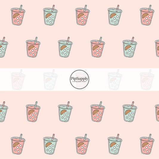 This summer fabric by the yard features summer iced drinks on pink. This fun summer themed fabric can be used for all your sewing and crafting needs!