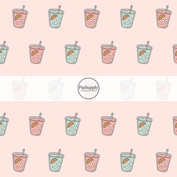 This summer fabric by the yard features summer iced drinks on pink. This fun summer themed fabric can be used for all your sewing and crafting needs!