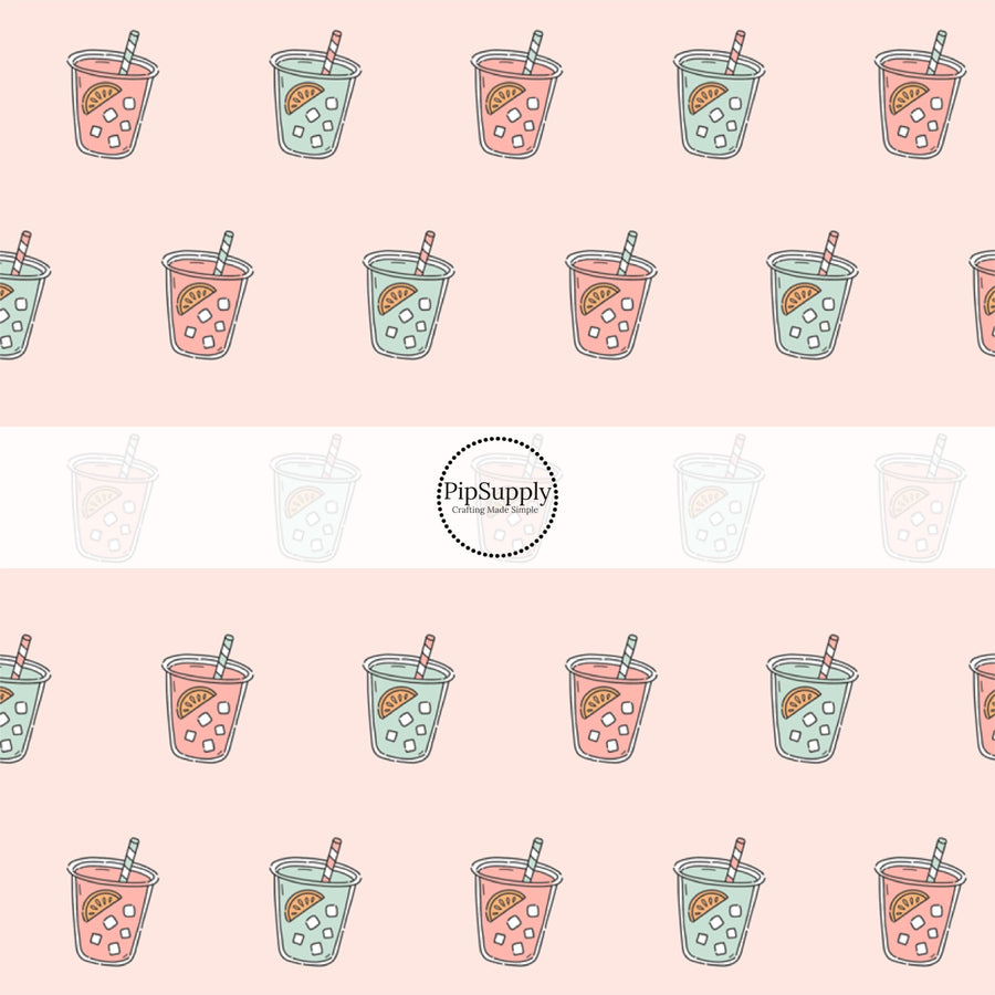 This summer fabric by the yard features summer iced drinks on pink. This fun summer themed fabric can be used for all your sewing and crafting needs!