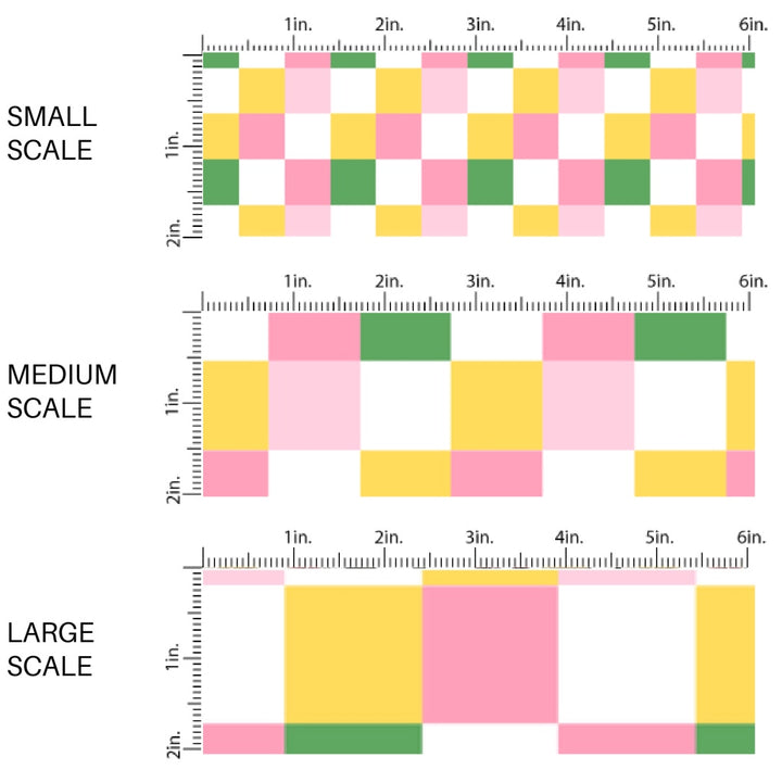 This scale chart of small scale, medium scale, and large scale of this summer fabric by the yard features pink, yellow, cream, and green plaid pattern. This fun themed fabric can be used for all your sewing and crafting needs!