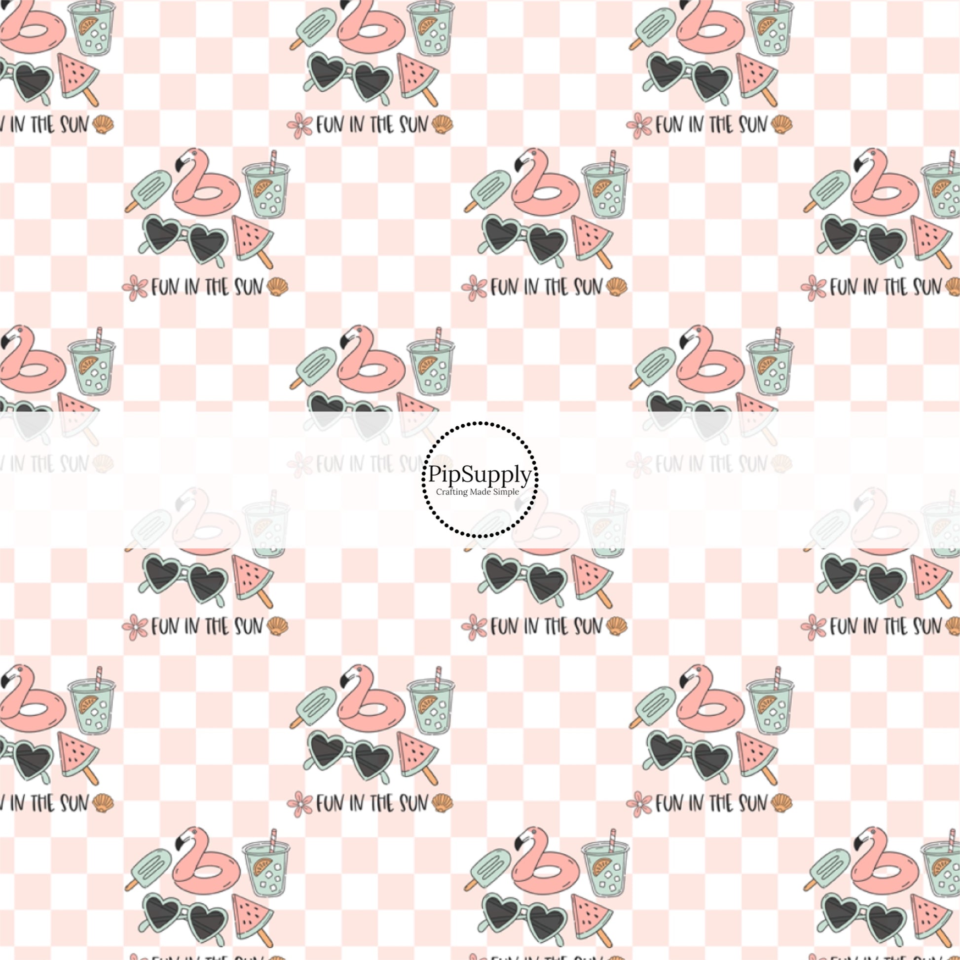 This summer fabric by the yard features summer pool items on pink and white checkered pattern. This fun summer themed fabric can be used for all your sewing and crafting needs!