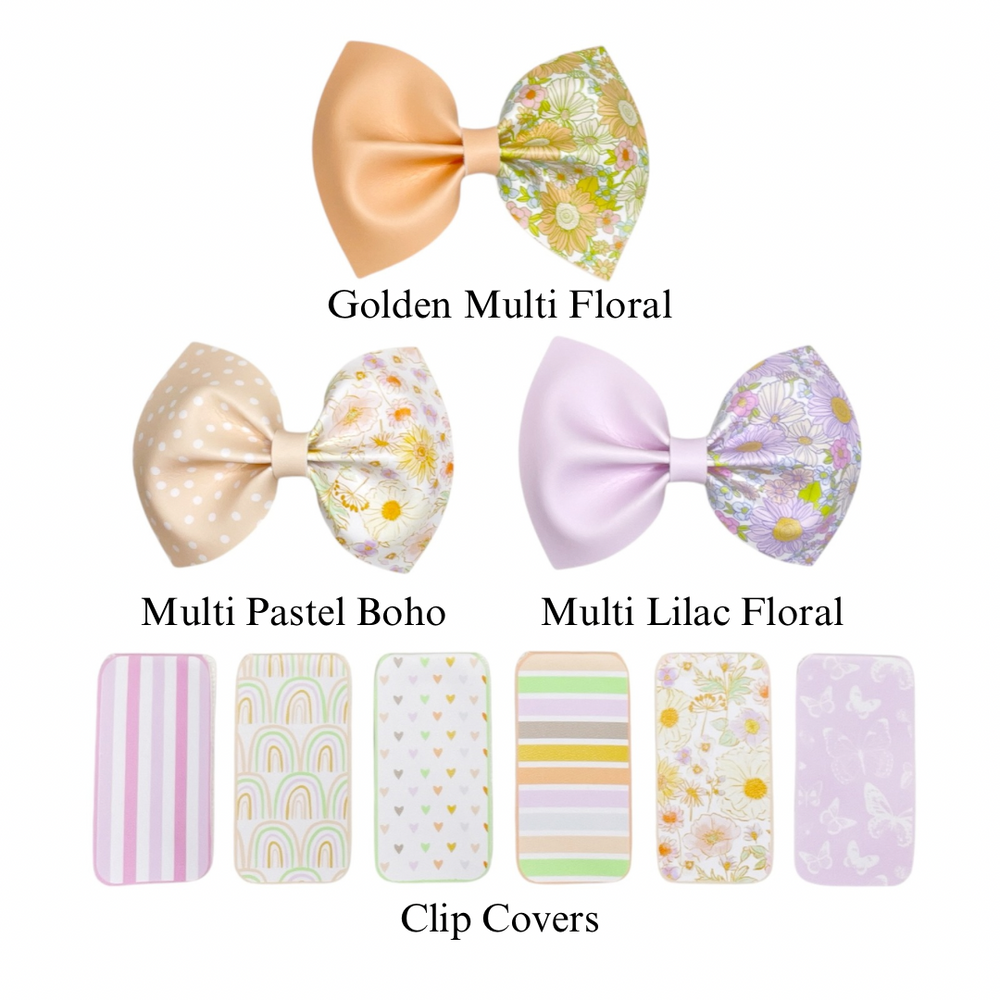 These boho spring flowers, rainbows, and stripe themed faux leather bow cutouts are ready to cut and assemble for many craft projects. These patterned cutouts can be used to make a hair bow, headband, banner, photo props, scrapbook, party or classroom decorations, bulletin board trim or anything creative! 