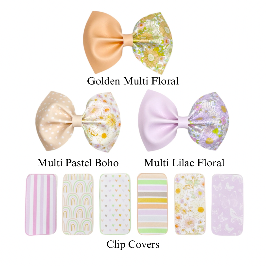 These boho spring flowers, rainbows, and stripe themed faux leather bow cutouts are ready to cut and assemble for many craft projects. These patterned cutouts can be used to make a hair bow, headband, banner, photo props, scrapbook, party or classroom decorations, bulletin board trim or anything creative! 