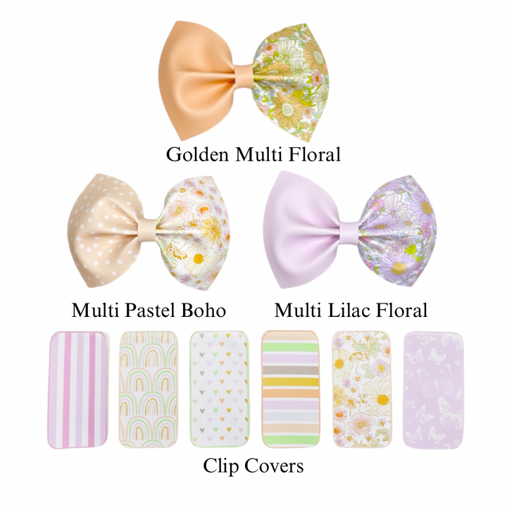 These boho spring flowers, rainbows, and stripe themed faux leather bow cutouts are ready to cut and assemble for many craft projects. These patterned cutouts can be used to make a hair bow, headband, banner, photo props, scrapbook, party or classroom decorations, bulletin board trim or anything creative! 