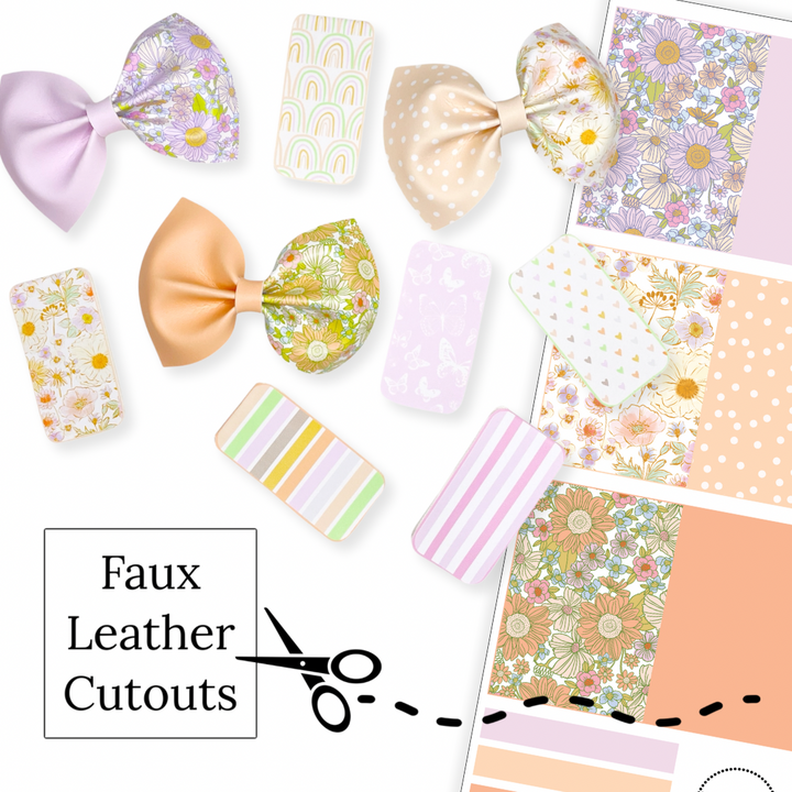 These boho spring flowers, rainbows, and stripe themed faux leather bow cutouts are ready to cut and assemble for many craft projects. These patterned cutouts can be used to make a hair bow, headband, banner, photo props, scrapbook, party or classroom decorations, bulletin board trim or anything creative! 