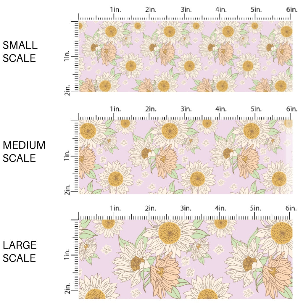 These spring fabric by the yard features lilac sunflowers on lilac. This fun pattern fabric can be used for all your sewing and crafting needs!