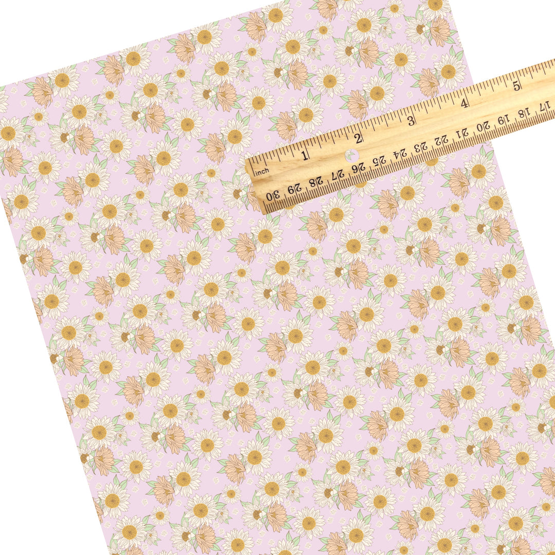 These spring themed faux leather sheets contain the following design elements: sunflowers on lilac. Our CPSIA compliant faux leather sheets or rolls can be used for all types of crafting projects.