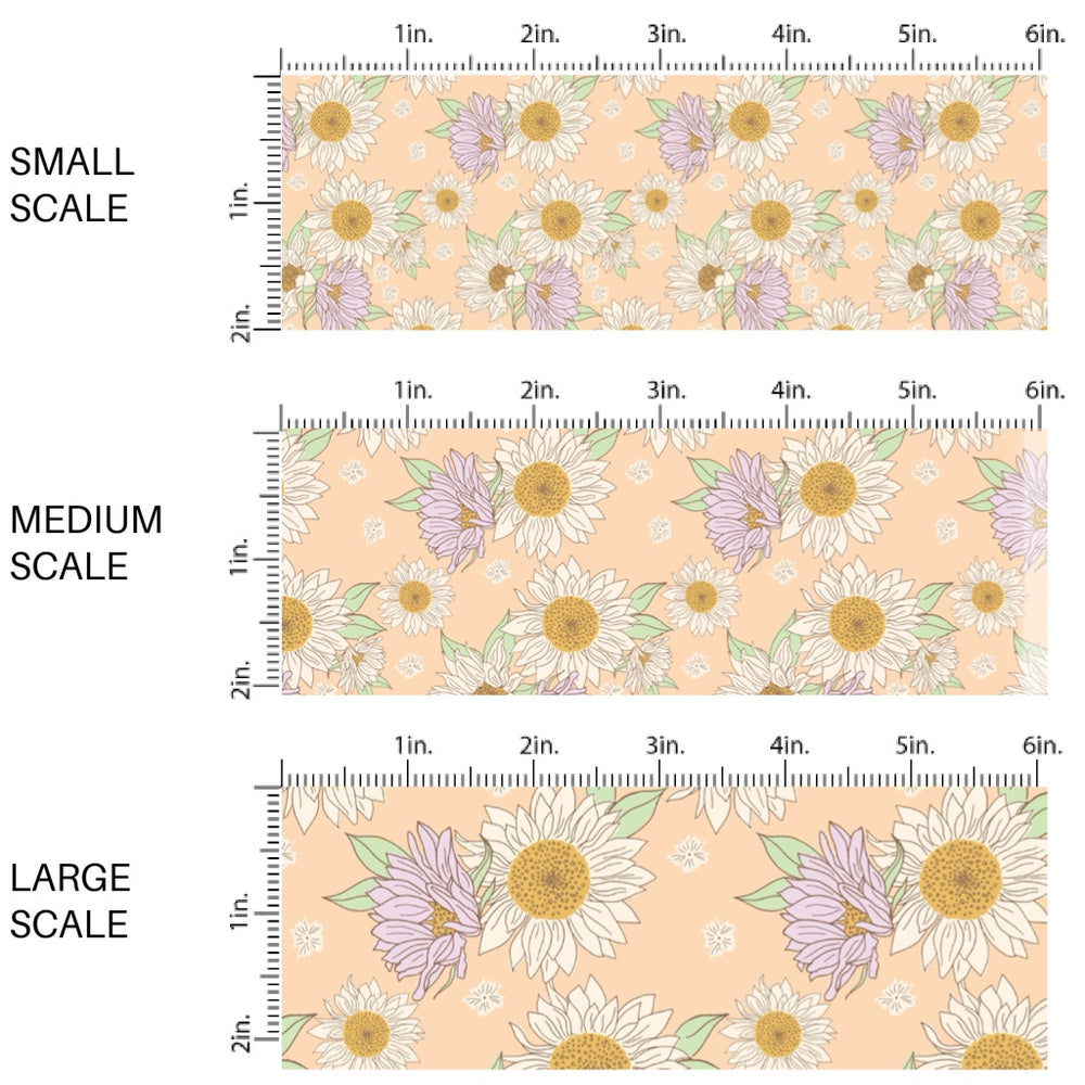 These spring fabric by the yard features lilac sunflowers on peach. This fun pattern fabric can be used for all your sewing and crafting needs!