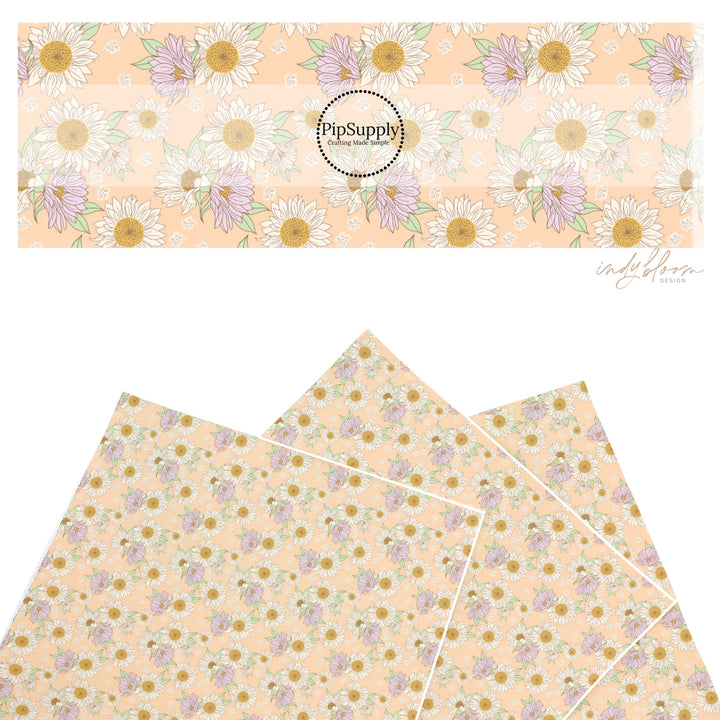 These spring themed faux leather sheets contain the following design elements: sunflowers on peach. Our CPSIA compliant faux leather sheets or rolls can be used for all types of crafting projects.