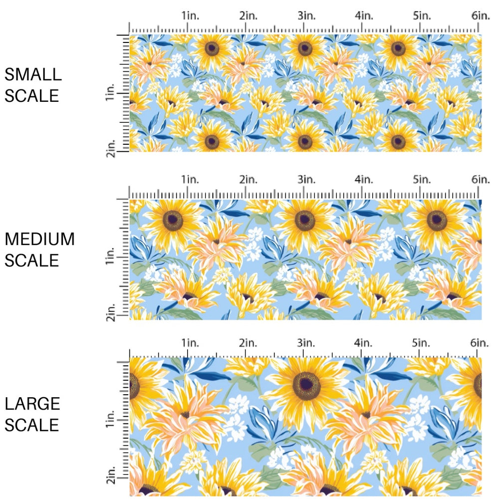 These spring and summer floral fabric by the yard features yellow sunflowers on blue. This fun pattern fabric can be used for all your sewing and crafting needs!