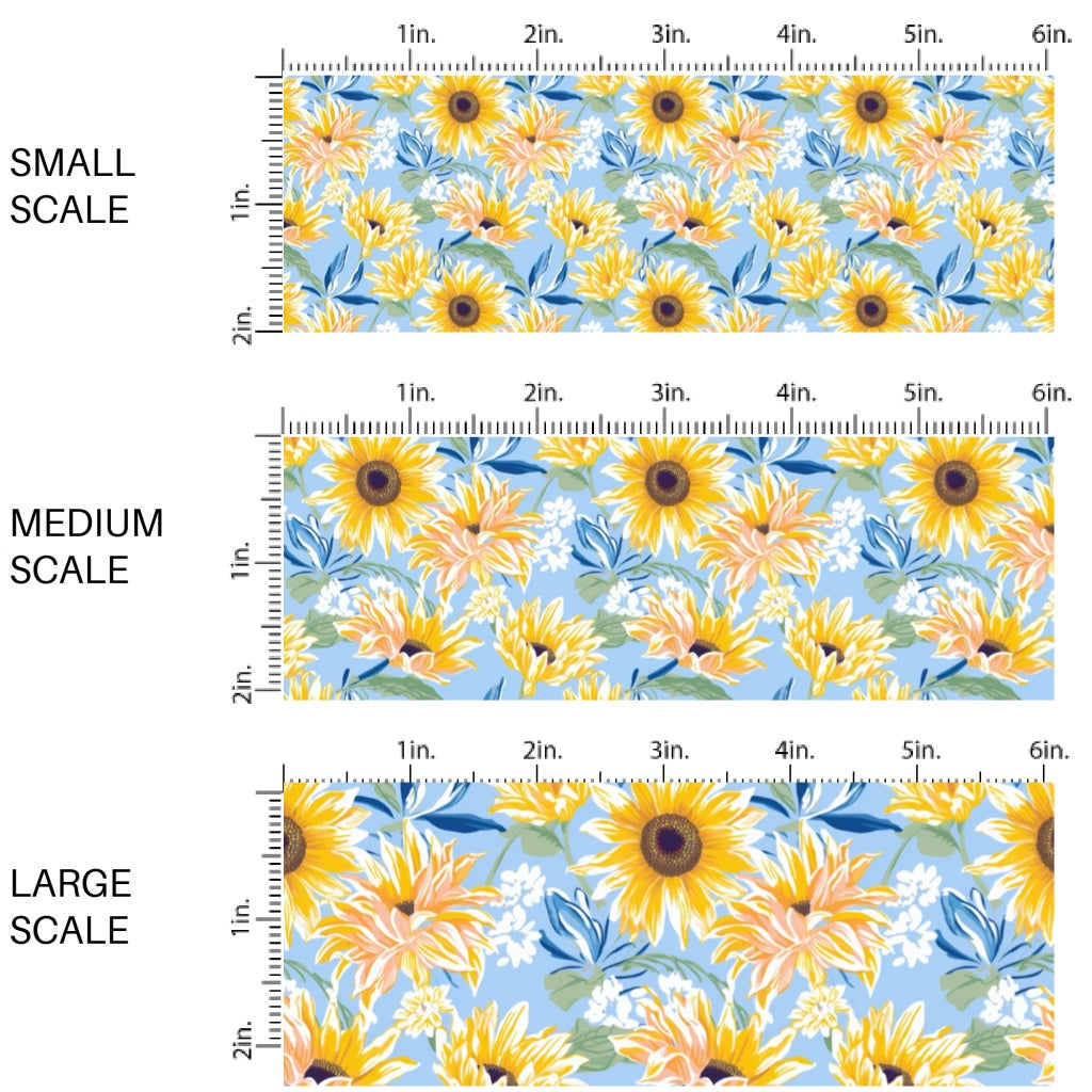 These spring and summer floral fabric by the yard features yellow sunflowers on blue. This fun pattern fabric can be used for all your sewing and crafting needs!