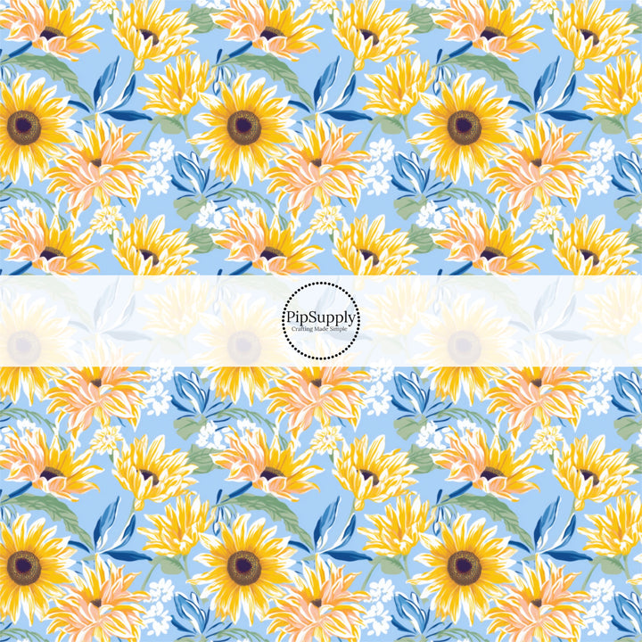 These spring and summer floral fabric by the yard features yellow sunflowers on blue. This fun pattern fabric can be used for all your sewing and crafting needs!