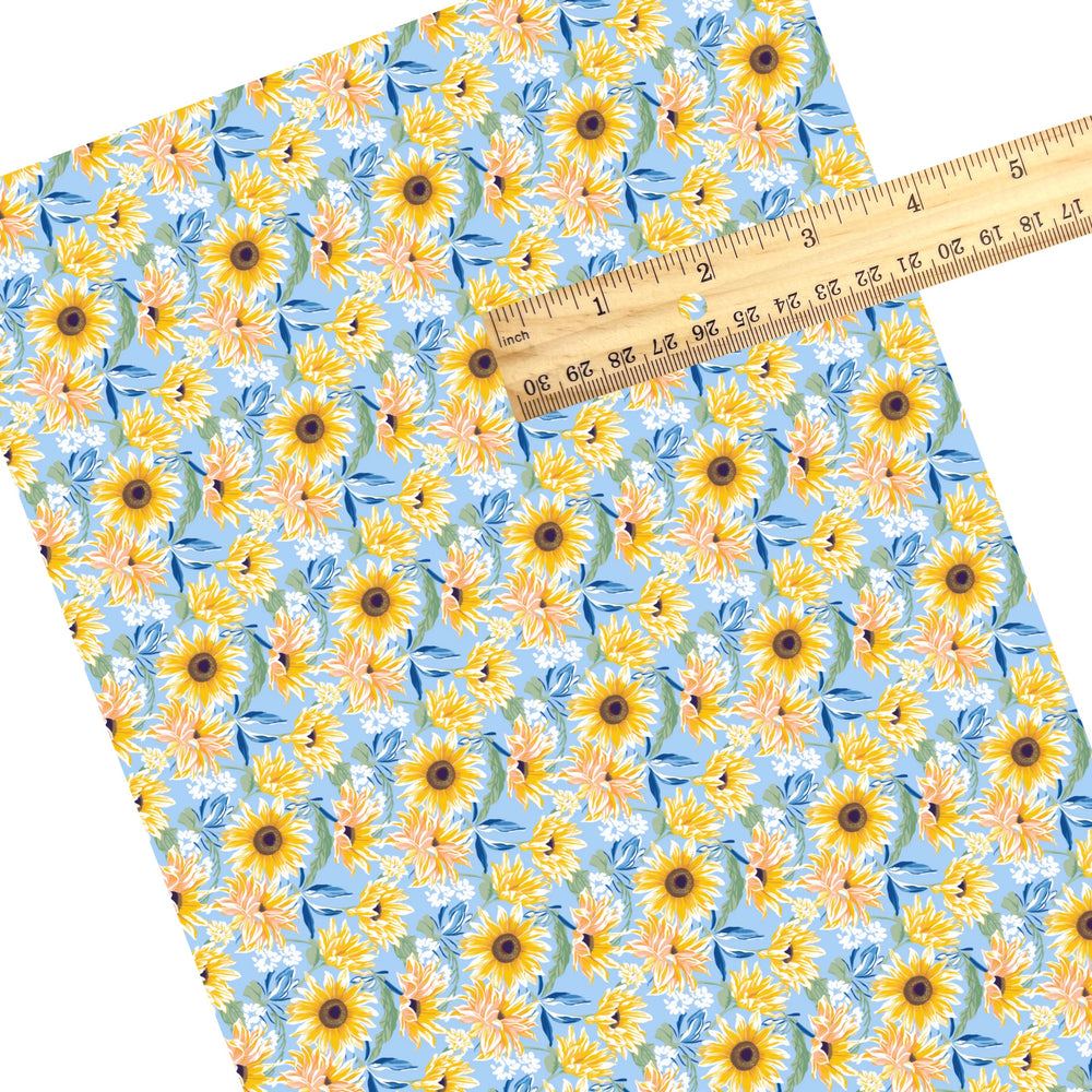 These spring and summer floral faux leather sheets contain the following design elements: yellow sunflowers on blue. Our CPSIA compliant faux leather sheets or rolls can be used for all types of crafting projects.