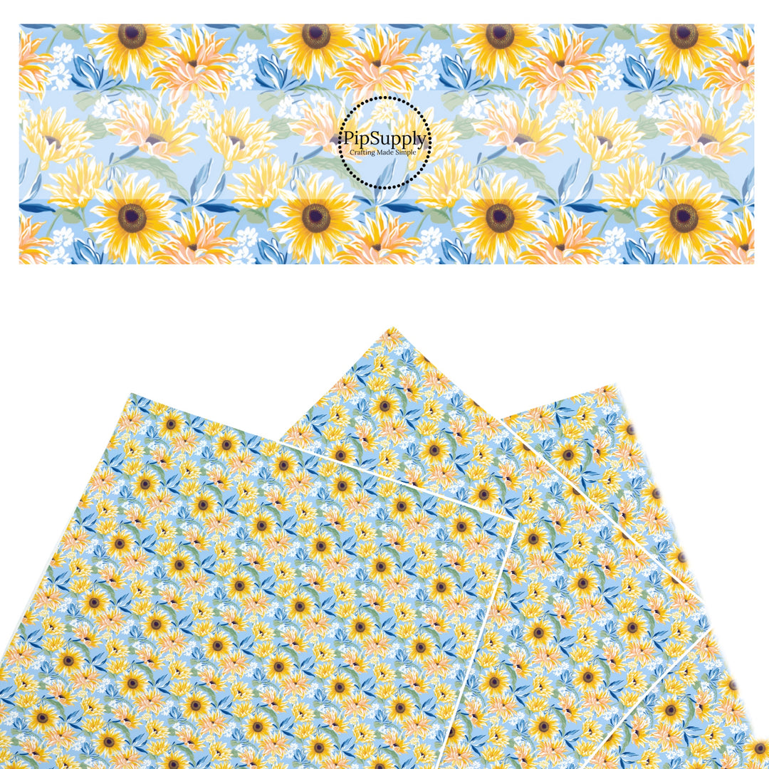 These spring and summer floral faux leather sheets contain the following design elements: yellow sunflowers on blue. Our CPSIA compliant faux leather sheets or rolls can be used for all types of crafting projects.