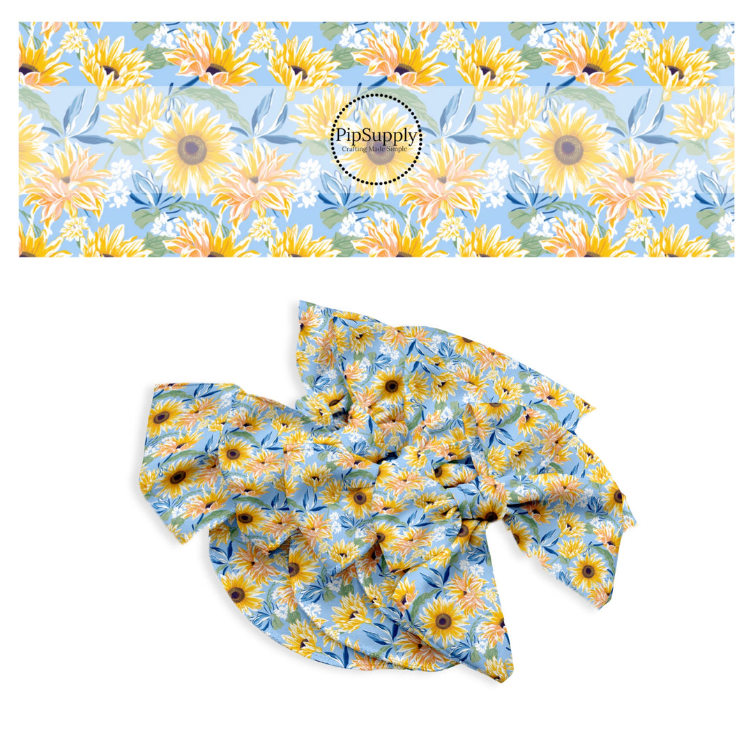 These spring and summer floral no sew bow strips can be easily tied and attached to a clip for a finished hair bow. These bow strips are great for personal use or to sell. These bow strips feature the following design elements: yellow sunflowers on blue.