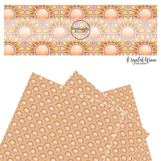 These small suns with ombre colors on light blush faux leather sheets contain the following design elements: small sunsets with ombre red, orange, and yellow rays. 