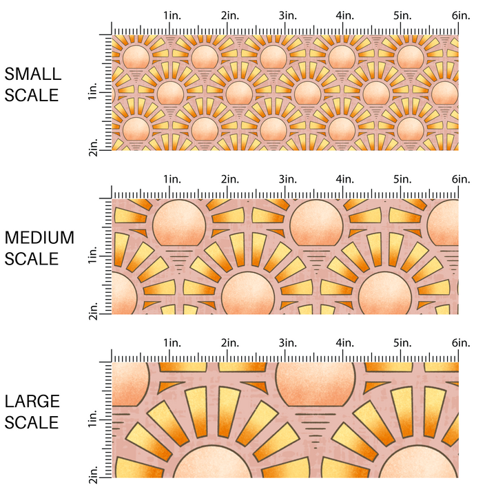 This scale image of small scale, medium scale, and large scale of these small suns with ombre colors on light blush fabric by the yard features small sunsets with ombre red, orange and yellow rays.