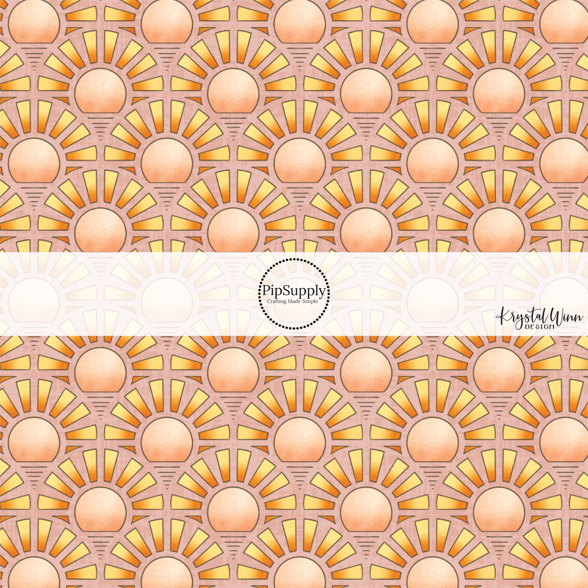 These small suns with ombre colors on light blush fabric by the yard features small sunsets with ombre red, orange and yellow rays. 