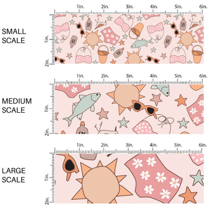 This scale chart of small scale, medium scale, and large scale of this summer fabric by the yard features beach swimsuits, sand pails, fish, birds, and sunshine on pink. This fun themed fabric can be used for all your sewing and crafting needs!