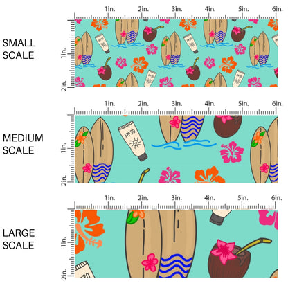 This scale chart of small scale, medium scale, and large scale of this tropical fabric by the yard features surf boards, coconuts, and tropical flowers on aqua. This fun summer themed fabric can be used for all your sewing and crafting needs!