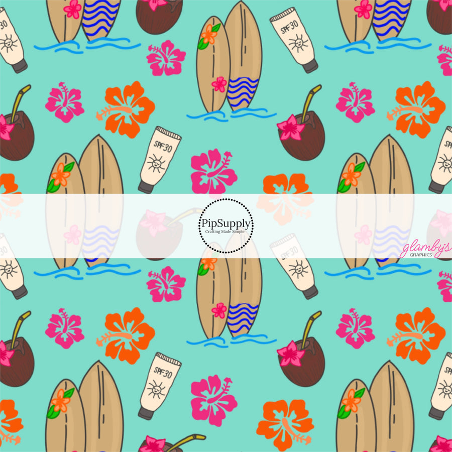 This tropical fabric by the yard features surf boards, coconuts, and tropical flowers on aqua. This fun summer themed fabric can be used for all your sewing and crafting needs!