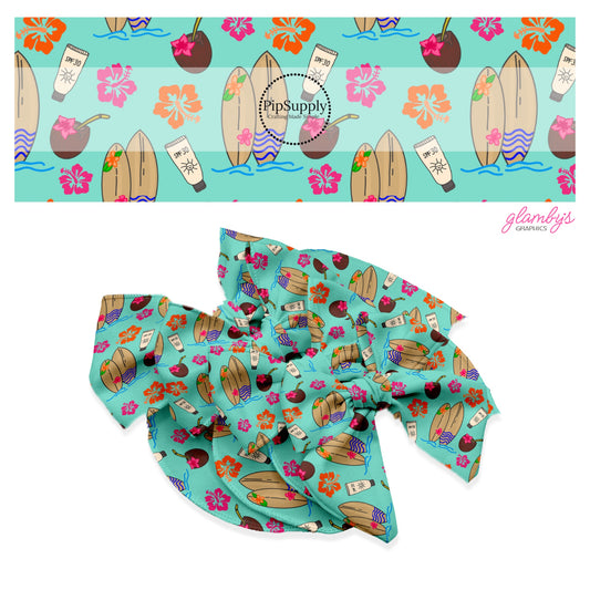 These tropical themed no sew bow strips can be easily tied and attached to a clip for a finished hair bow. These summer patterned bow strips are great for personal use or to sell. These bow strips feature surf boards, coconuts, and tropical flowers on aqua.