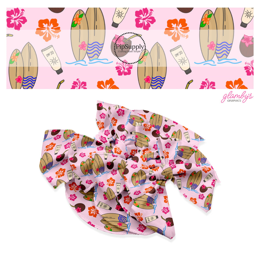 These tropical themed no sew bow strips can be easily tied and attached to a clip for a finished hair bow. These summer patterned bow strips are great for personal use or to sell. These bow strips feature surf boards, coconuts, and tropical flowers on light pink.