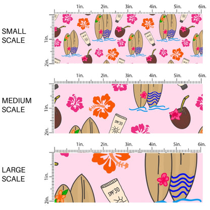 This scale chart of small scale, medium scale, and large scale of this tropical fabric by the yard features surf boards, coconuts, and tropical flowers on light pink. This fun summer themed fabric can be used for all your sewing and crafting needs!