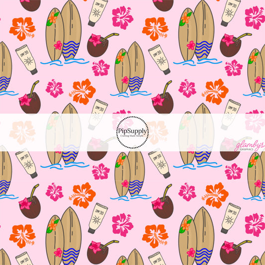 This tropical fabric by the yard features surf boards, coconuts, and tropical flowers on light pink. This fun summer themed fabric can be used for all your sewing and crafting needs!