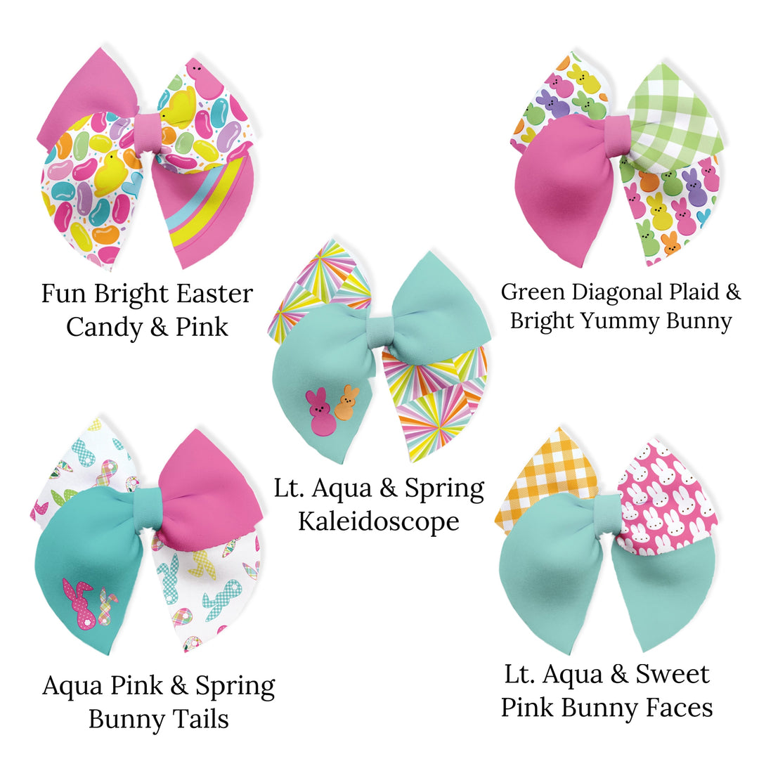 These Easter themed neoprene sailor bows can be quickly cut and assembled for a trendy seasonal bow. They're ideal for easy at-home styling, individual use, or even resale. These bows contain Easter bunnies, candy treats, and plaid. Get creative and add a splash of color to your look with these low-maintenance bows – perfect for spring!