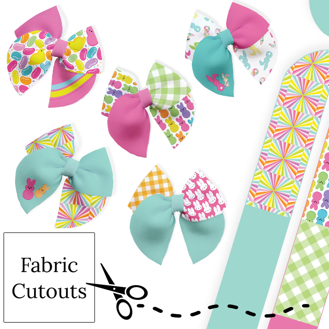 These Easter themed neoprene sailor bows can be quickly cut and assembled for a trendy seasonal bow. They're ideal for easy at-home styling, individual use, or even resale. These bows contain Easter bunnies, candy treats, and plaid. Get creative and add a splash of color to your look with these low-maintenance bows – perfect for spring!