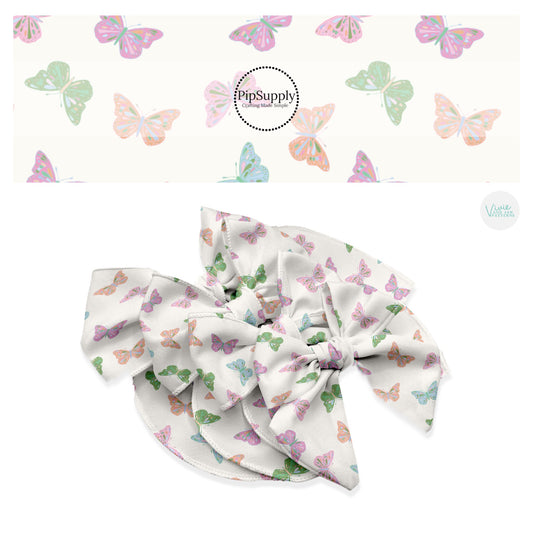 These spring pattern themed no sew bow strips can be easily tied and attached to a clip for a finished hair bow. These patterned bow strips are great for personal use or to sell. These bow strips features pastel colored butterflies on cream. 