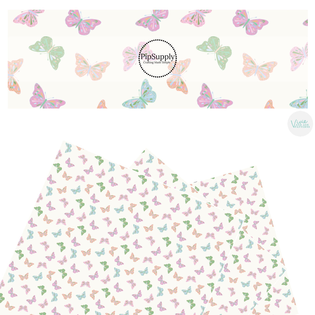 These spring pattern themed faux leather sheets contain the following design elements: pastel colored butterflies on cream. Our CPSIA compliant faux leather sheets or rolls can be used for all types of crafting projects.