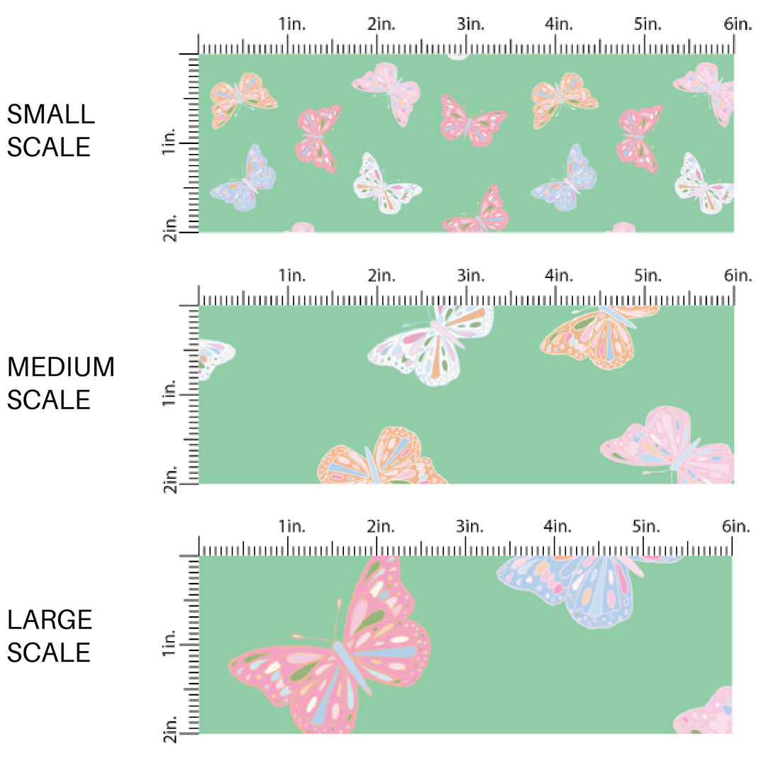 Pink, Blue, and Orange Butterflies on Mint Green Fabric by the Yard scaled image guide.