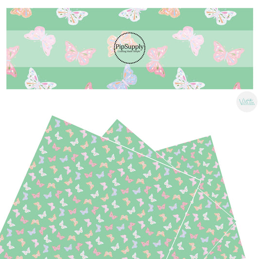 These spring pattern themed faux leather sheets contain the following design elements: pastel butterflies on green. Our CPSIA compliant faux leather sheets or rolls can be used for all types of crafting projects.